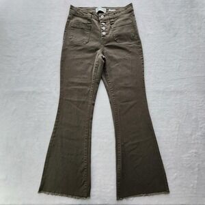 RE Generation Flare Jeans Womens 28W 30.5L Olive Button Fly Raw Hem Wide Leg